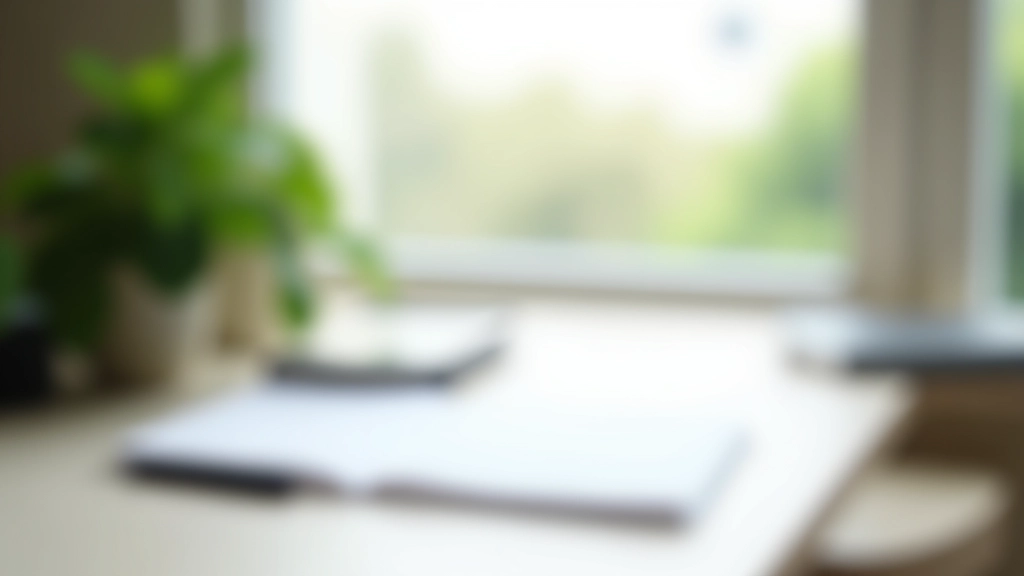 Espace de travail calme avec un bureau organisé et une plante verte, lumière naturelle douce