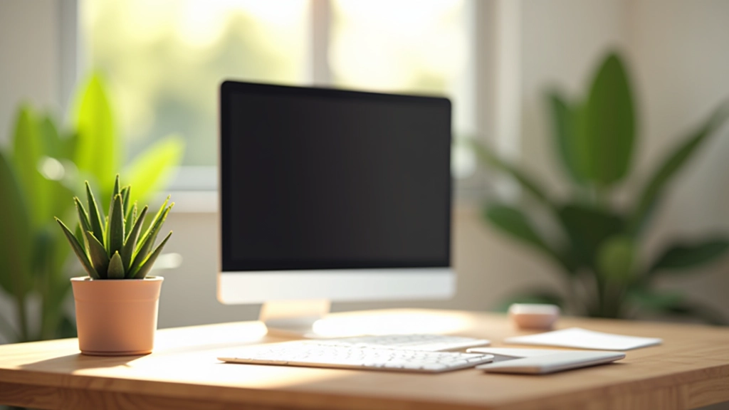 Bureau organisé avec plante verte, lumière naturelle douce, espace minimaliste sans distractions