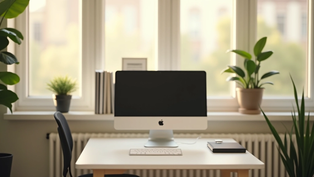 Environnement de travail calme avec éclairage naturel, bureau épuré, fenêtre avec vue extérieure, plantes vertes