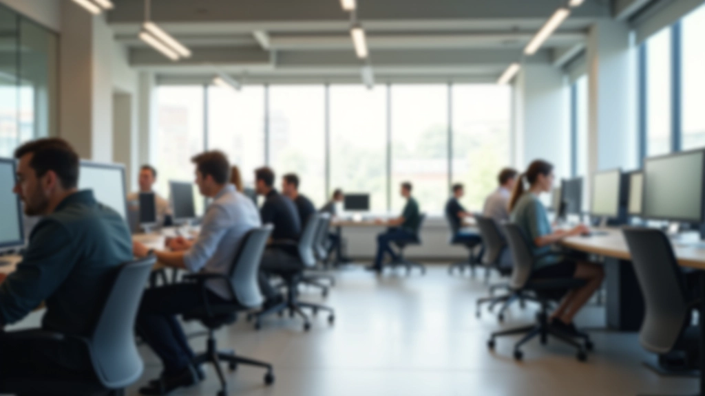 Espace de travail calme et concentré avec une équipe engagée, lumière naturelle, sans distractions numériques
