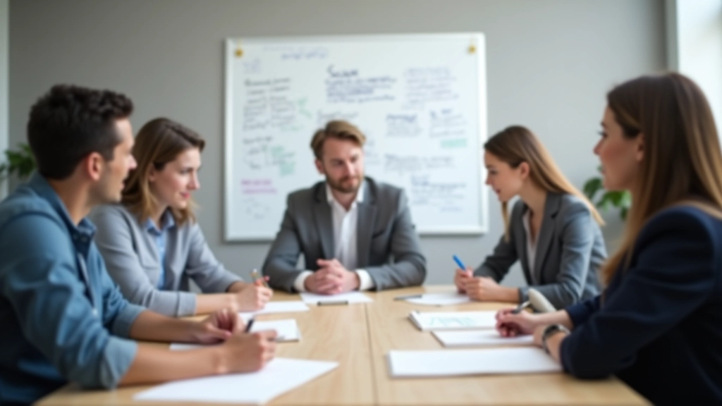 Groupe de personnes en réunion sans distractions numériques, tableau blanc avec notes