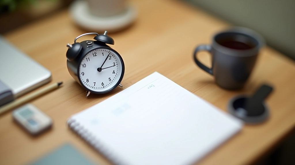 Chronomètre et bloc-notes sur une table de travail avec café, représentant la gestion du temps